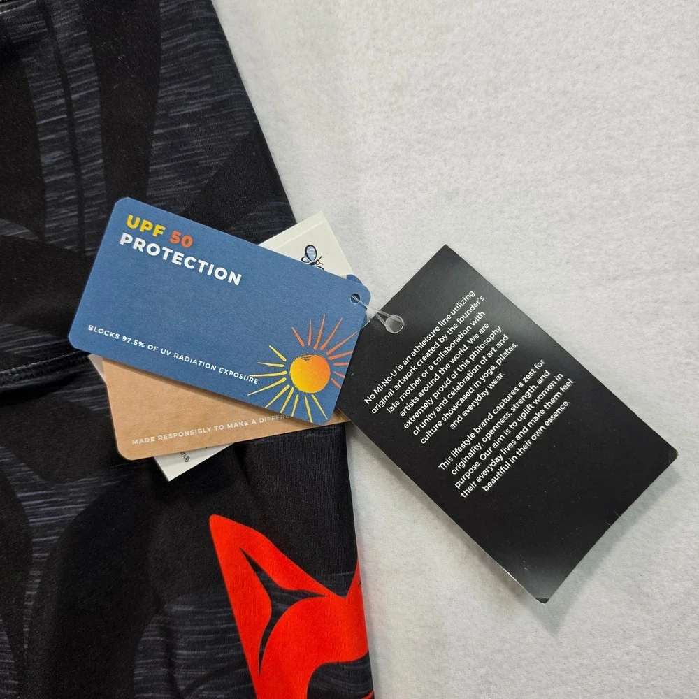 NoMiNoU‎ Indigenous Art Leggings L Large Black Red Recycled Yoga UPF 50 NWT